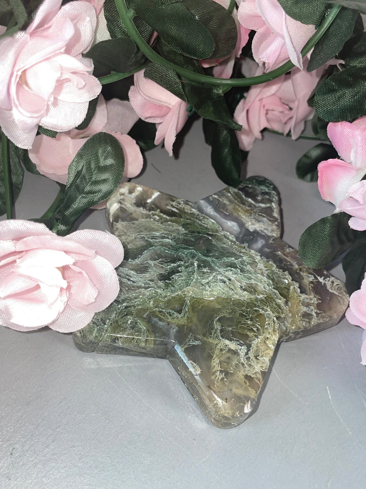 Stunning Moss Agate Star Carvings