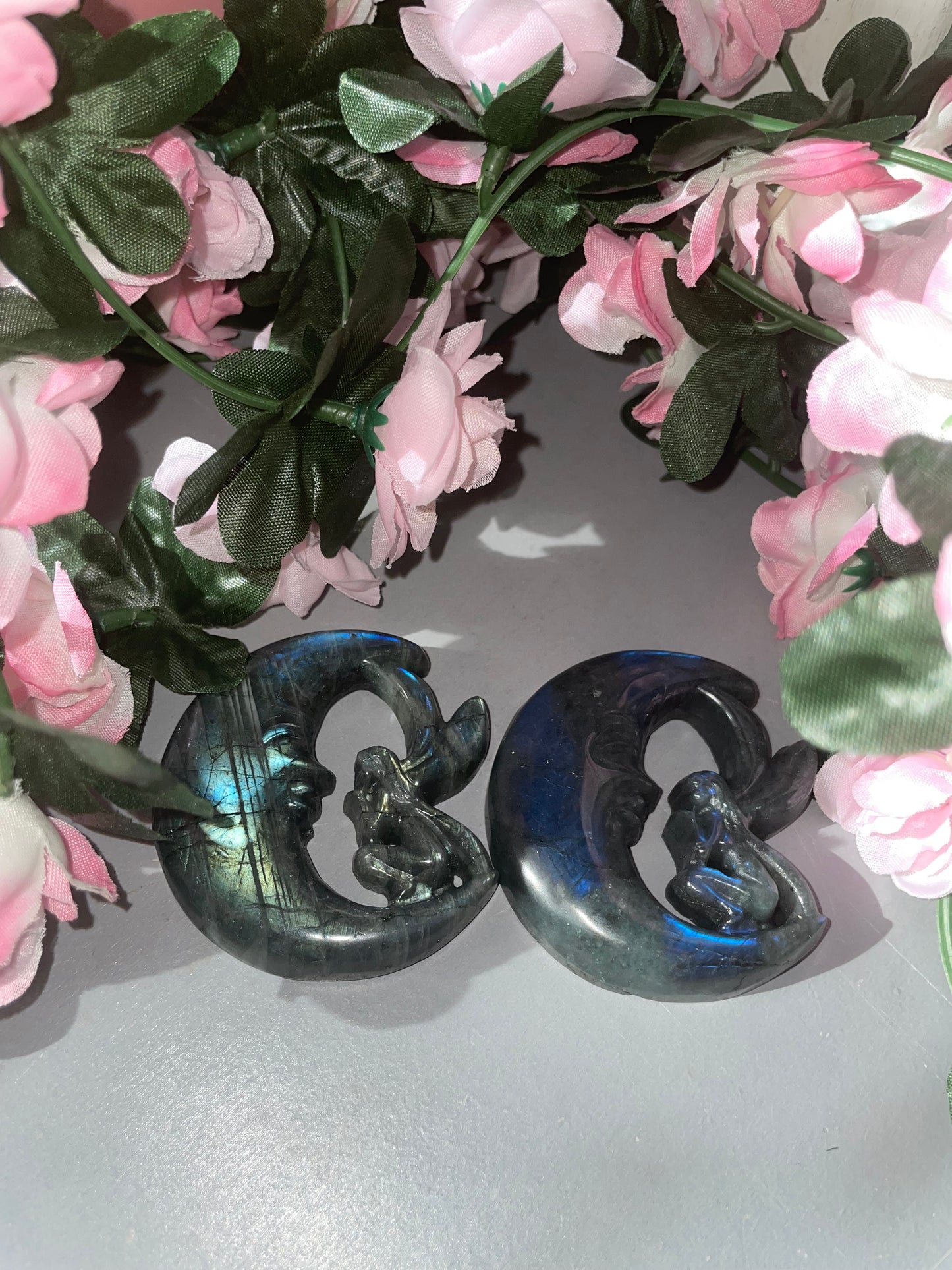 Hand Carved AAA Grade Labradorite Moon Fairy Carvings From Madagascar