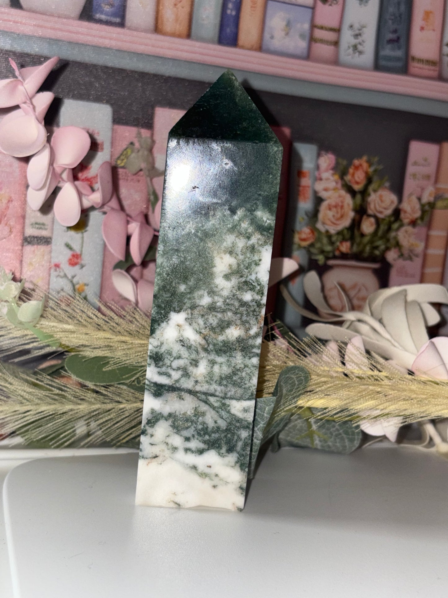 Moss Agate Tower Carving