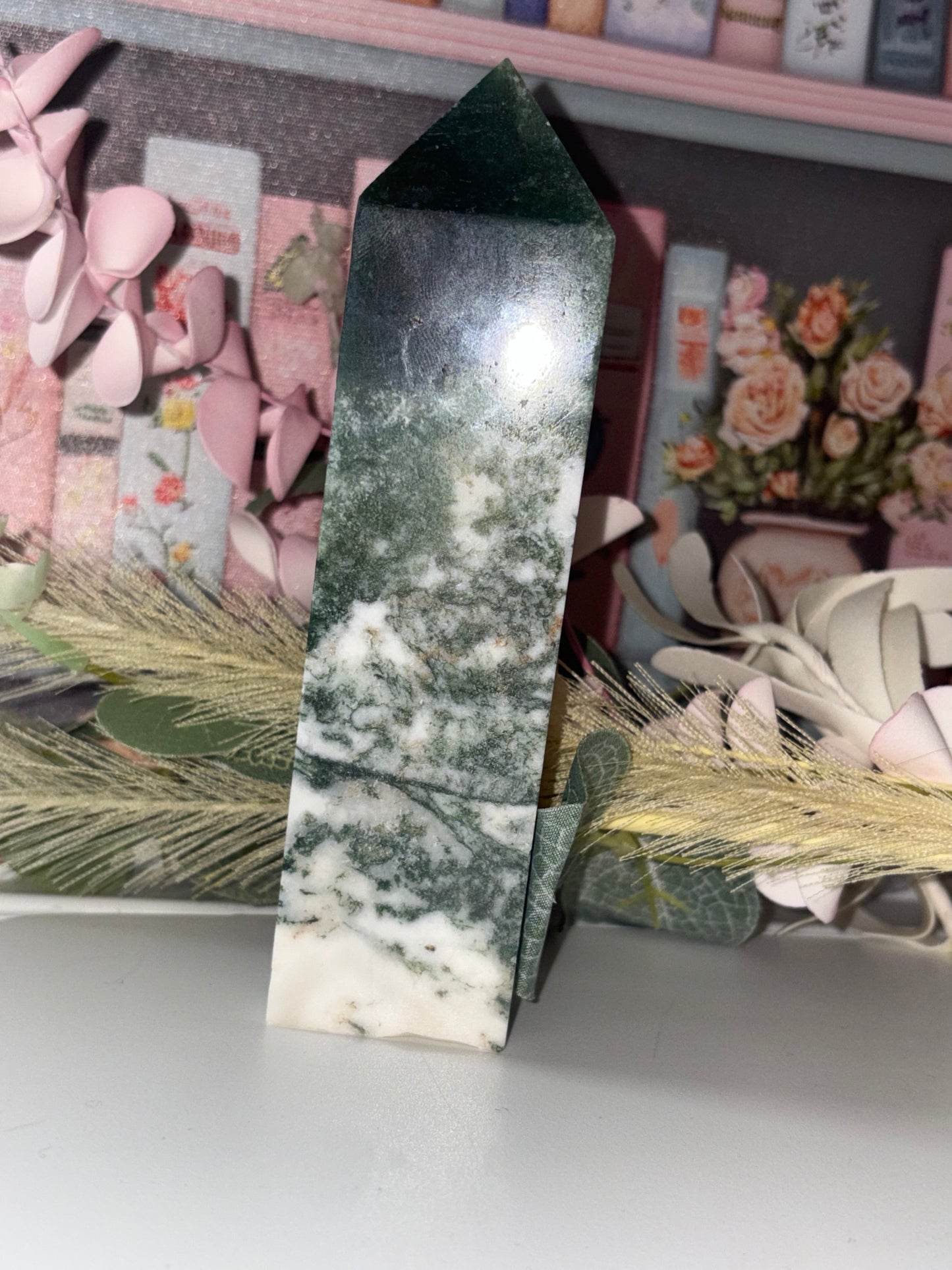 Moss Agate Tower Carving