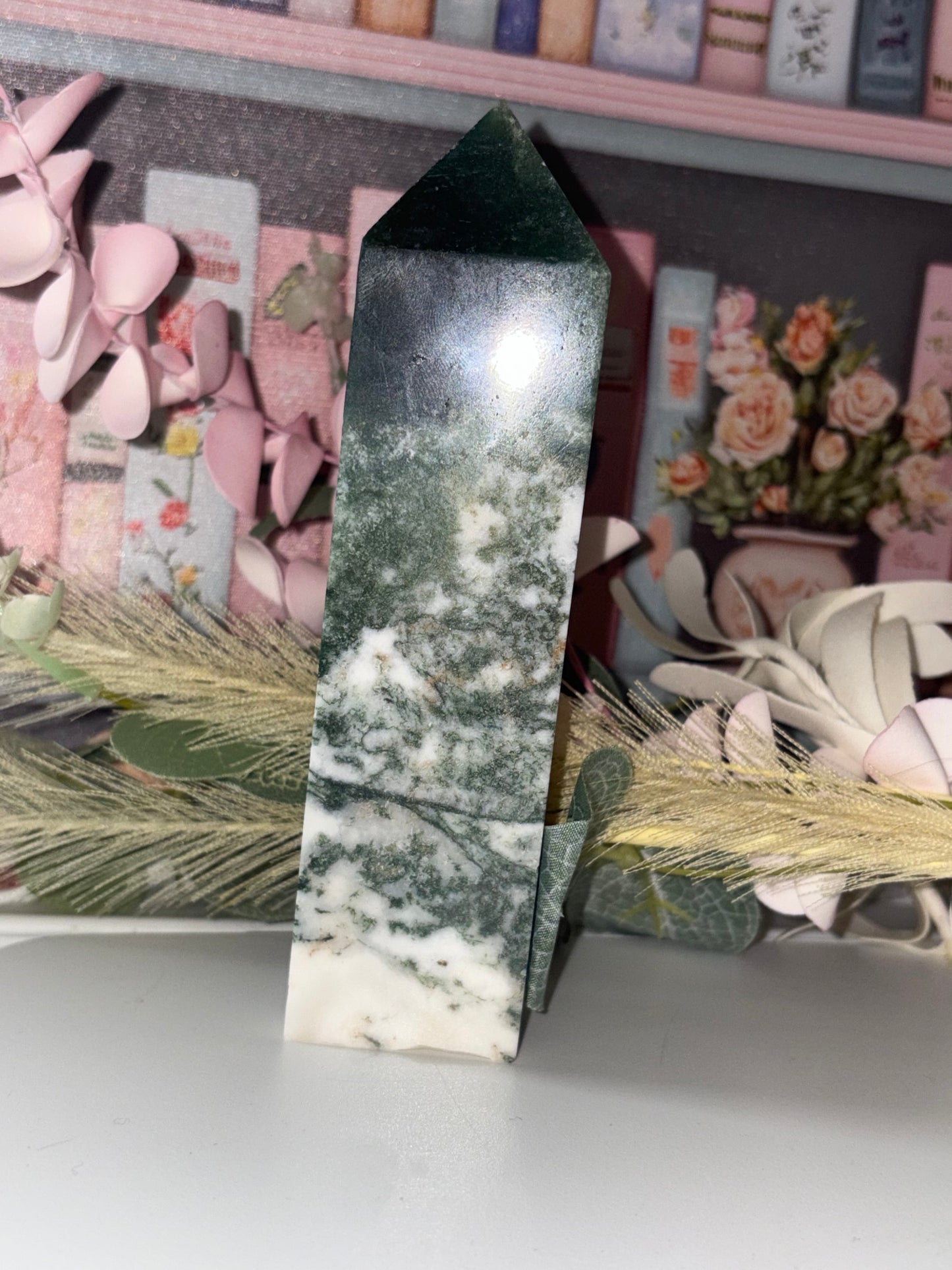 Moss Agate Tower Carving