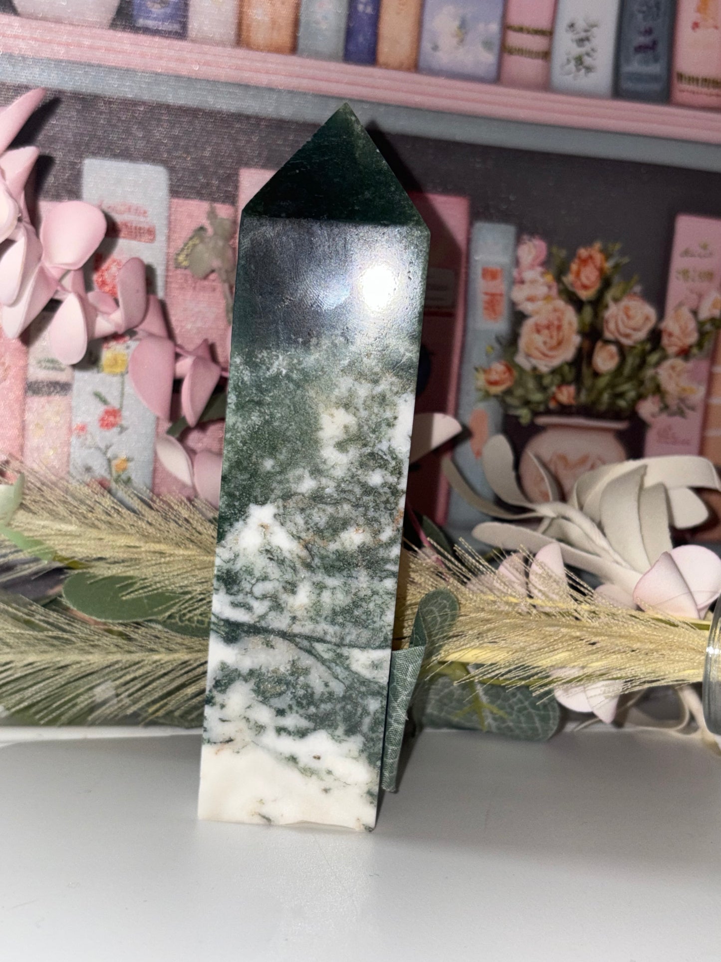 Moss Agate Tower Carving