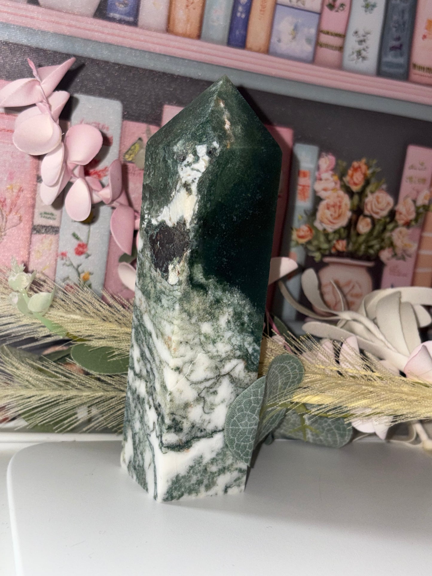 Moss Agate Tower Carving