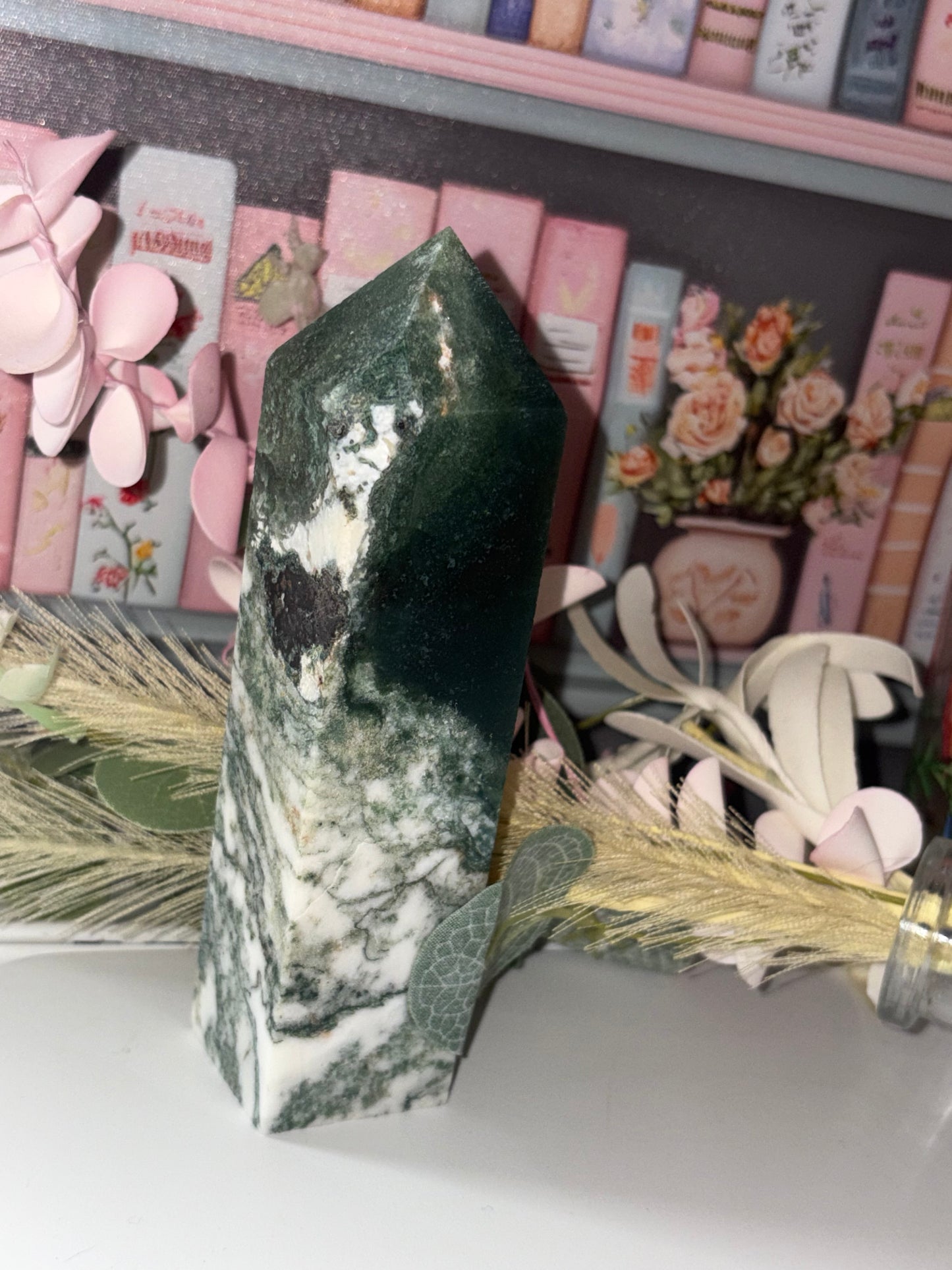 Moss Agate Tower Carving