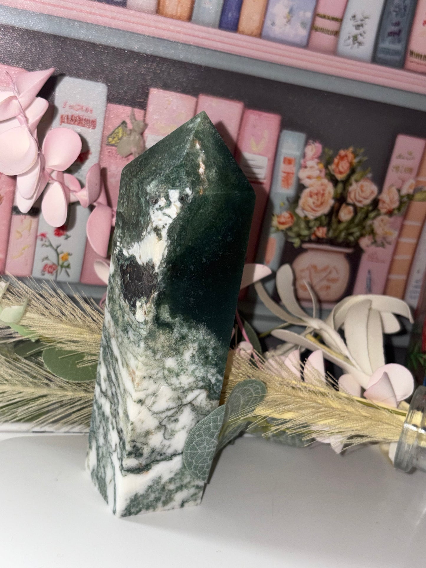 Moss Agate Tower Carving