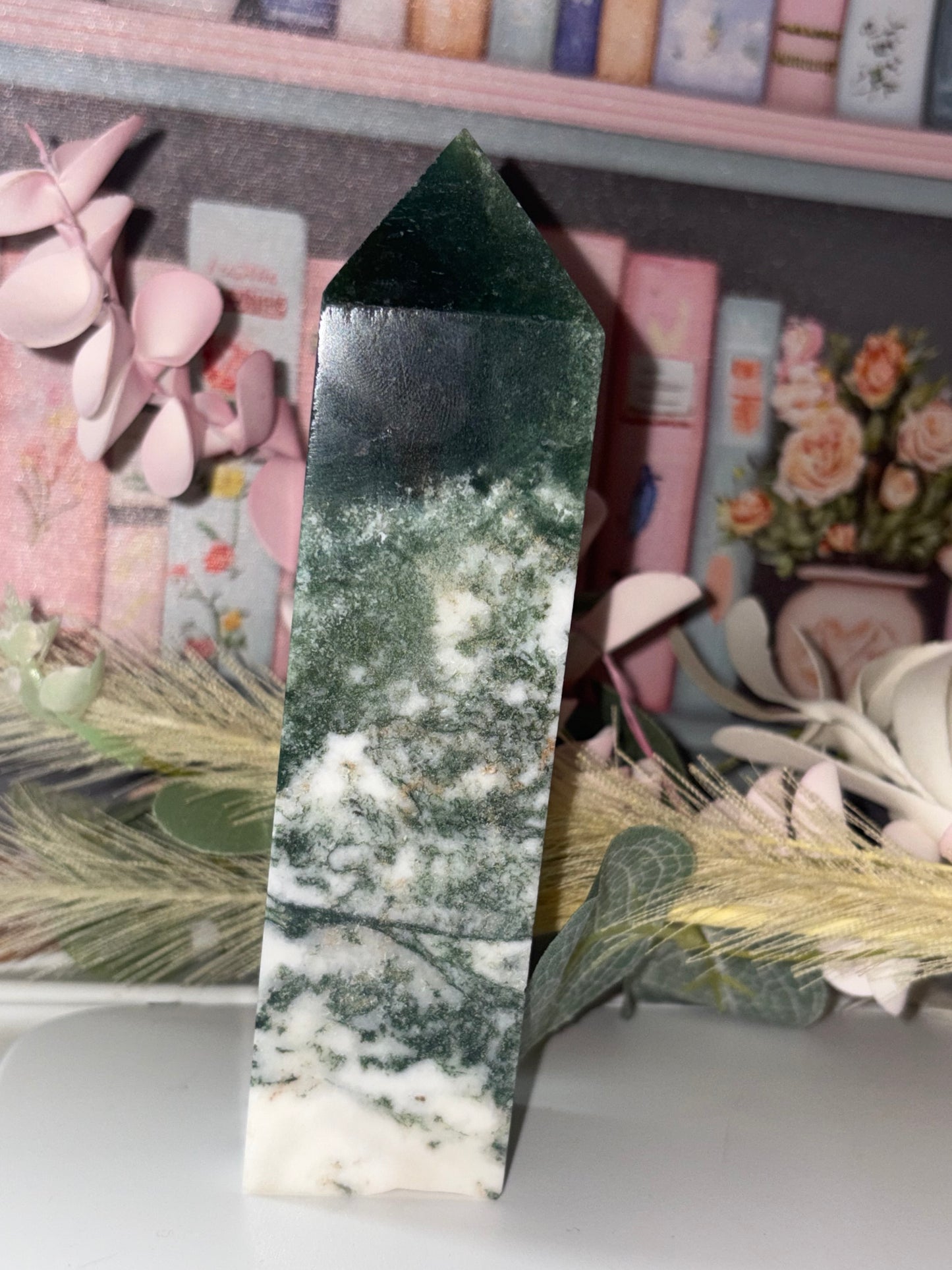 Moss Agate Tower Carving