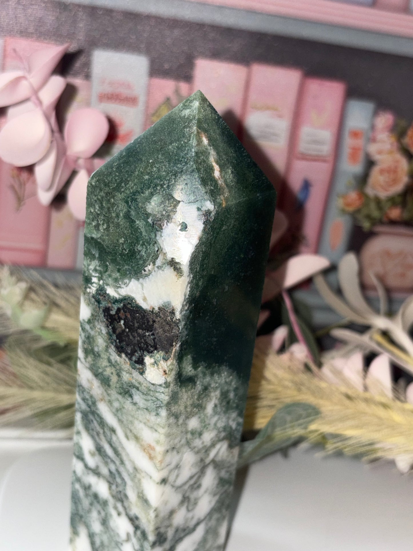 Moss Agate Tower Carving