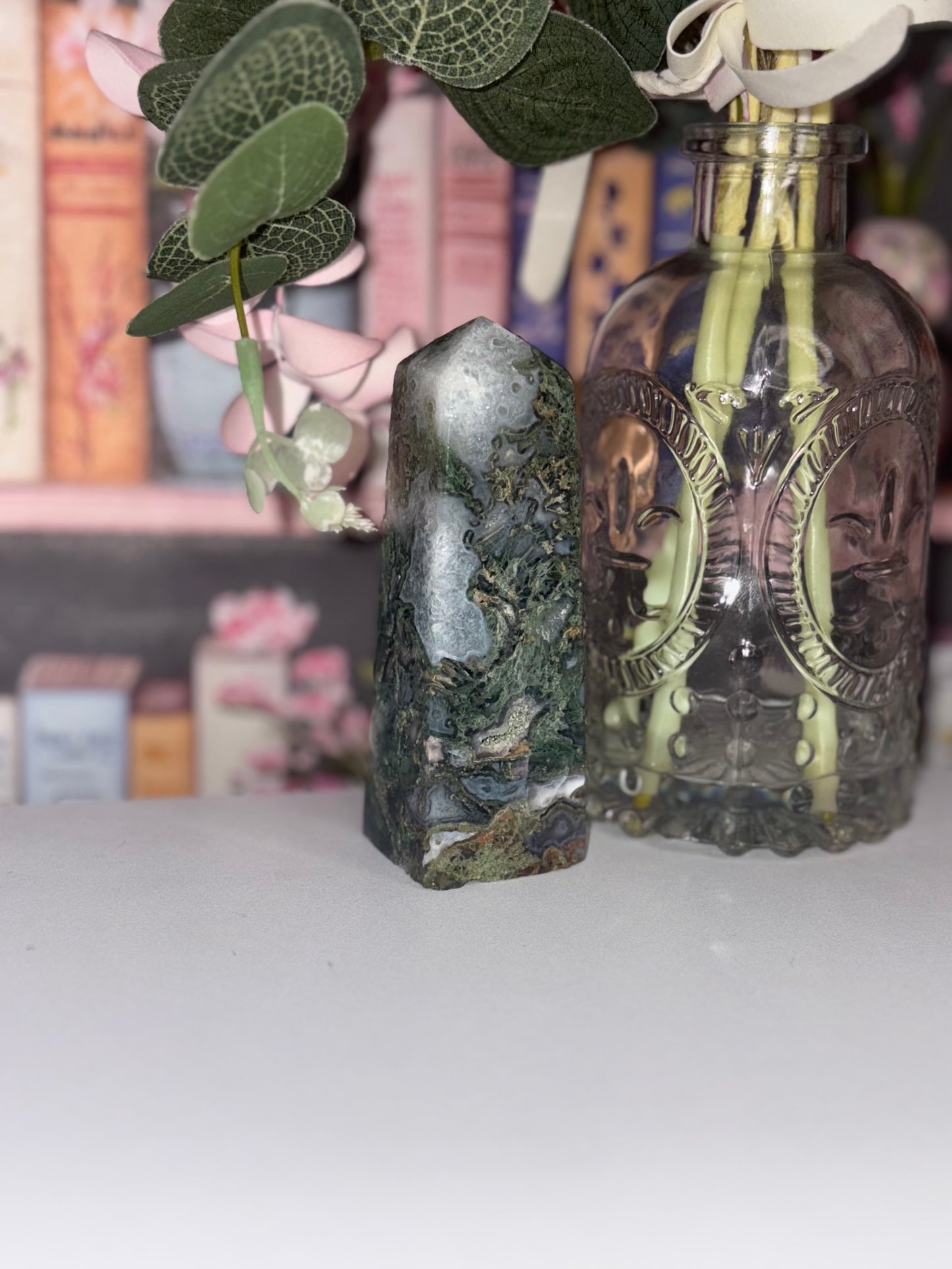 Moss Agate Tower Carving