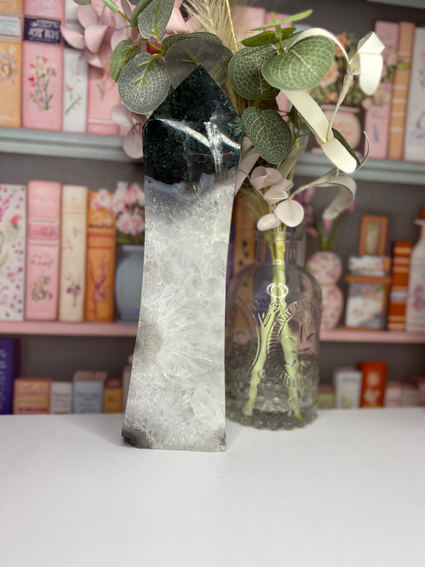 Large Moss Agate Tower With Natural Druzy