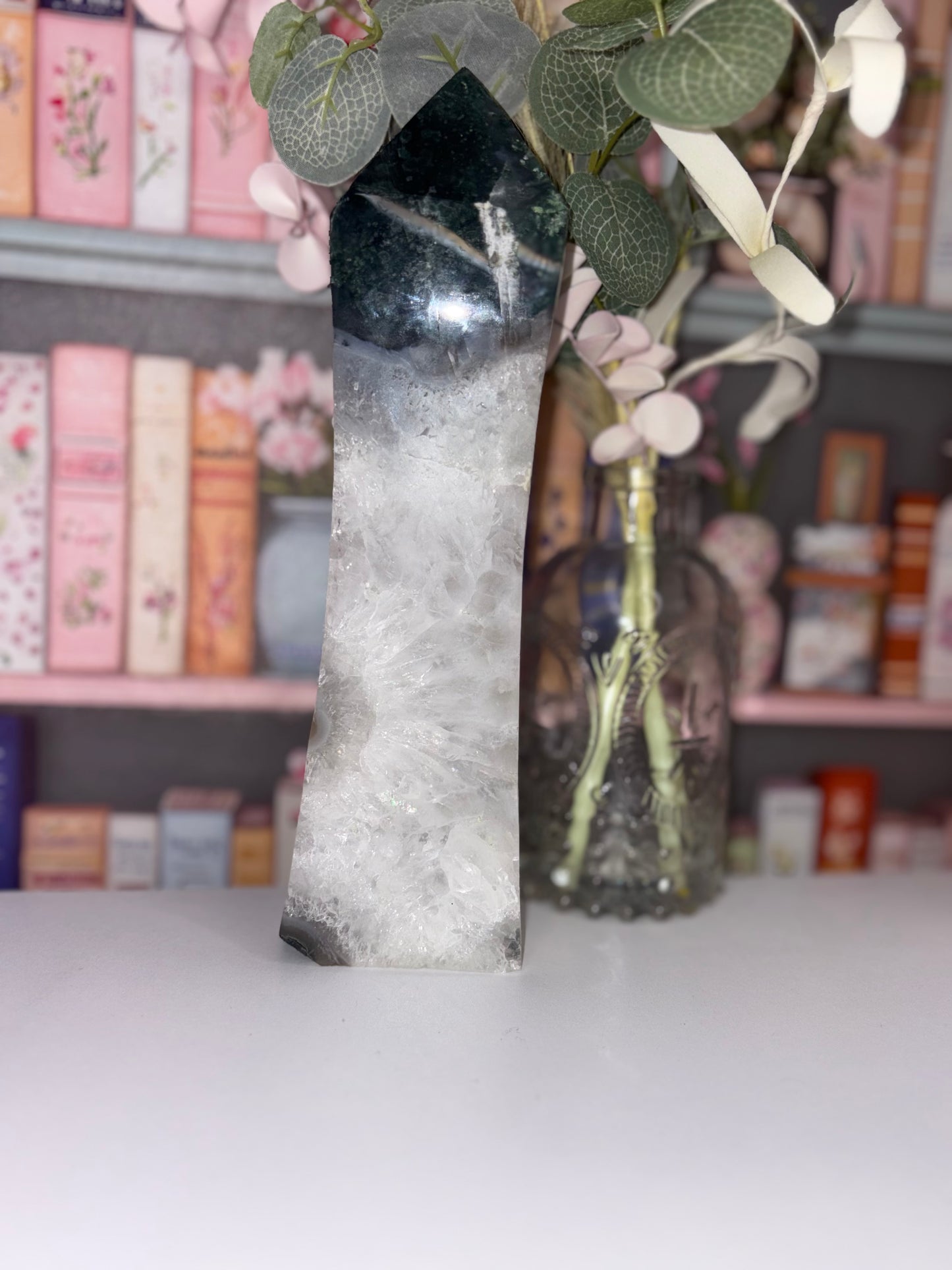 Large Moss Agate Tower With Natural Druzy