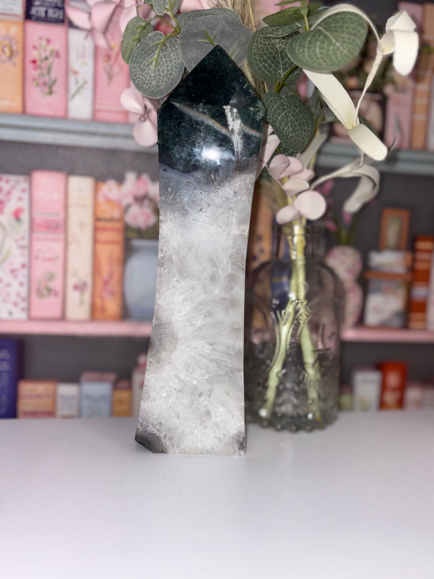 Large Moss Agate Tower With Natural Druzy