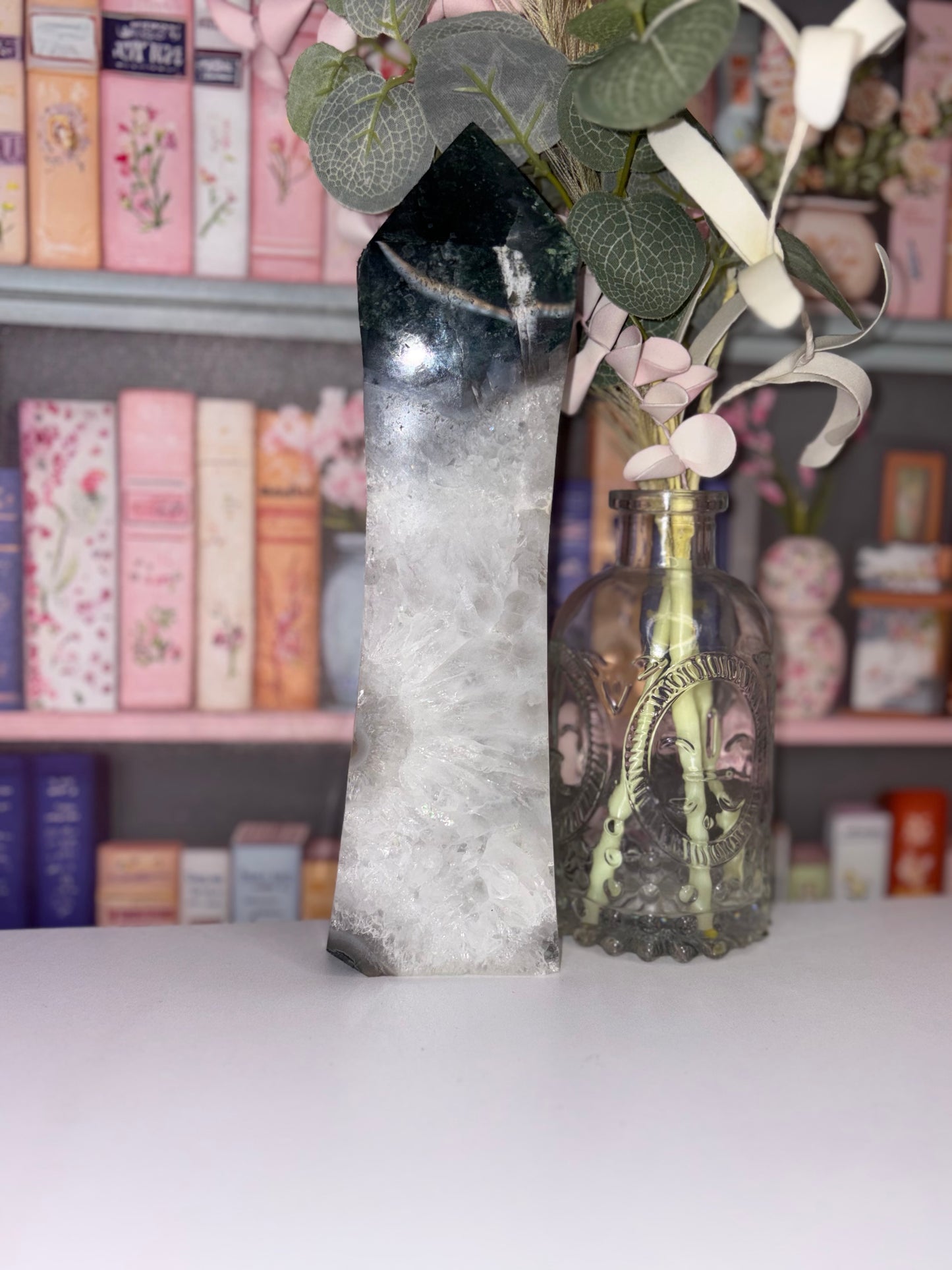 Large Moss Agate Tower With Natural Druzy