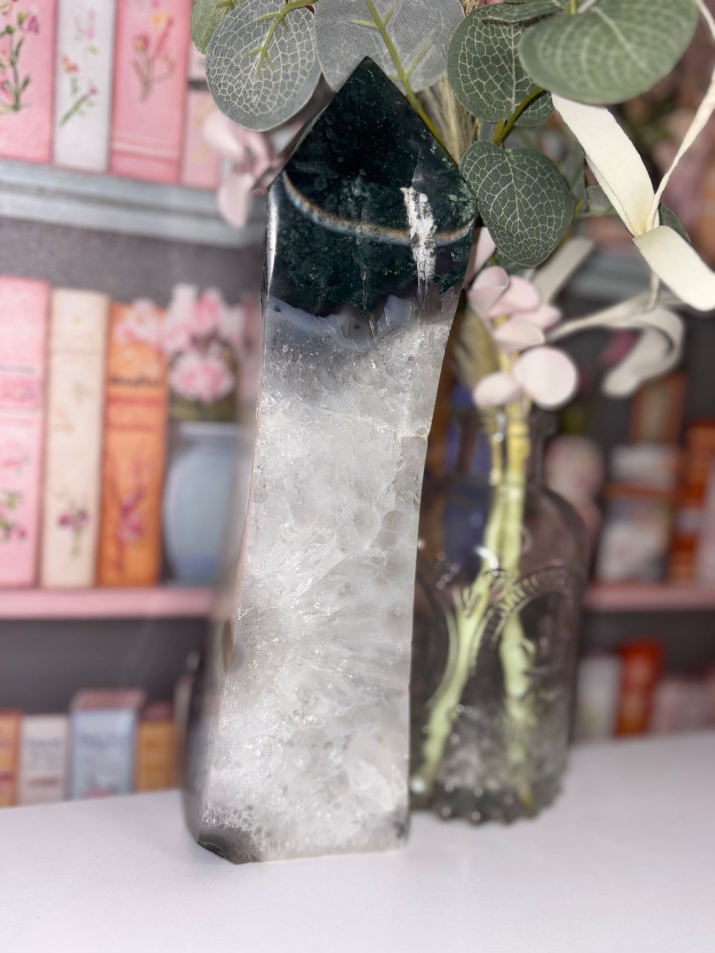 Large Moss Agate Tower With Natural Druzy