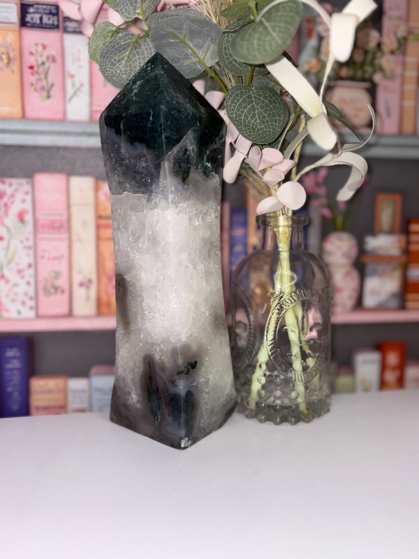 Large Moss Agate Tower With Natural Druzy
