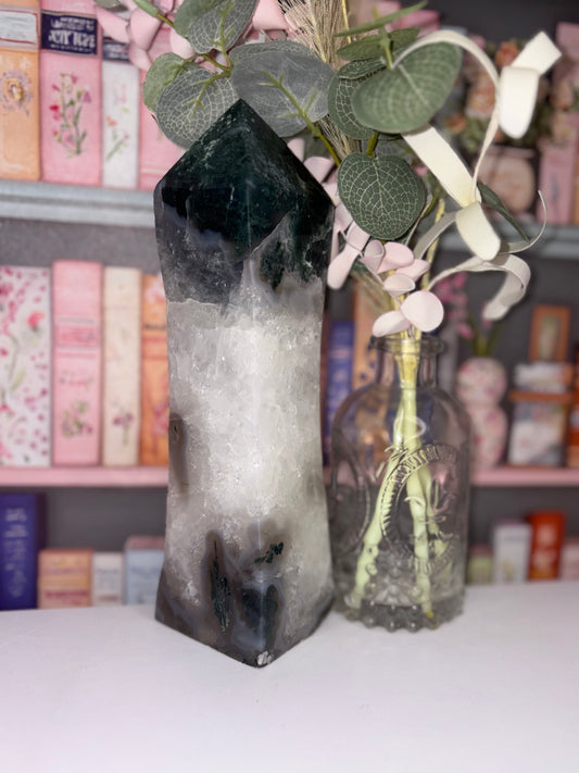 Large Moss Agate Tower With Natural Druzy