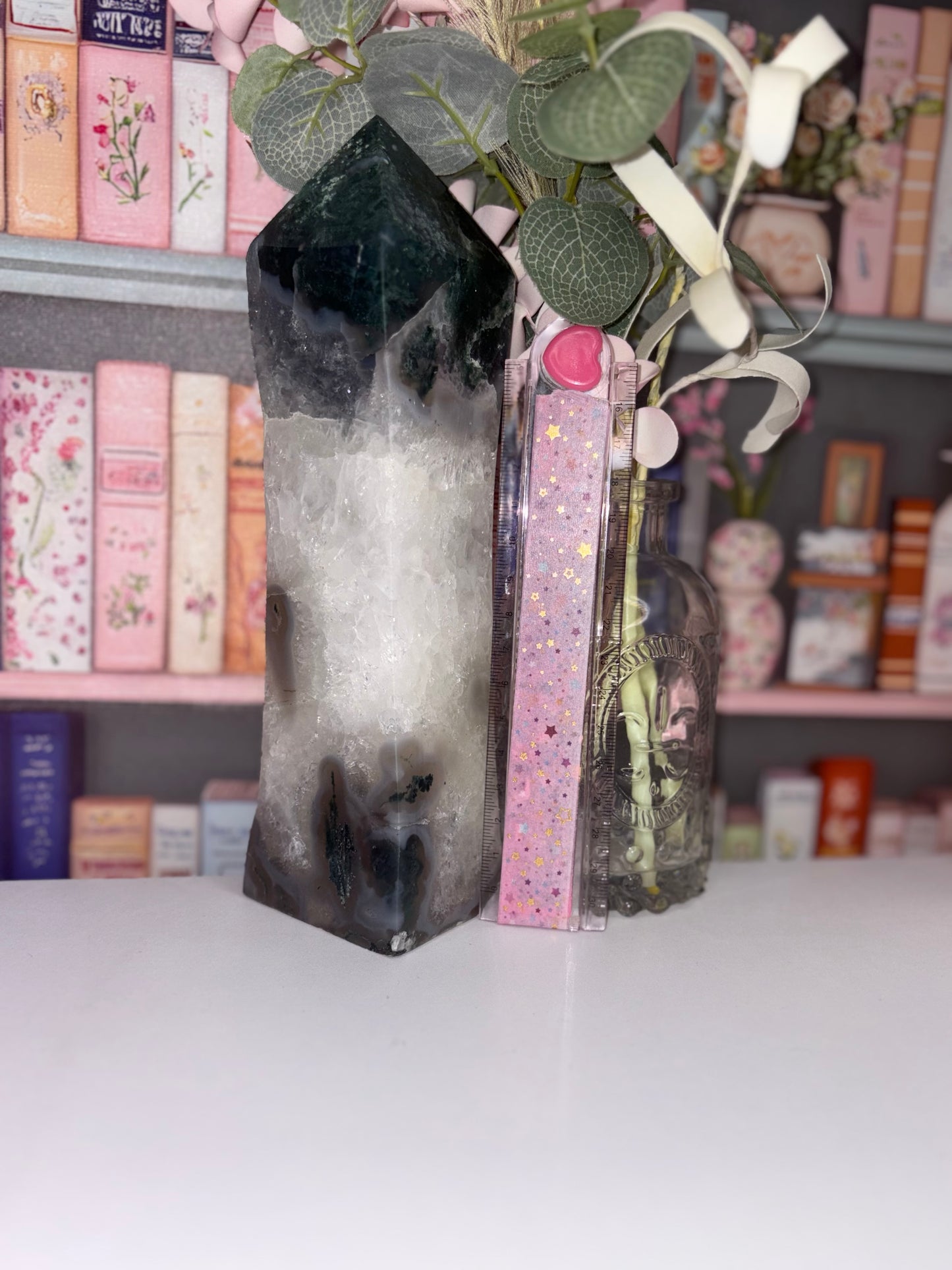 Large Moss Agate Tower With Natural Druzy
