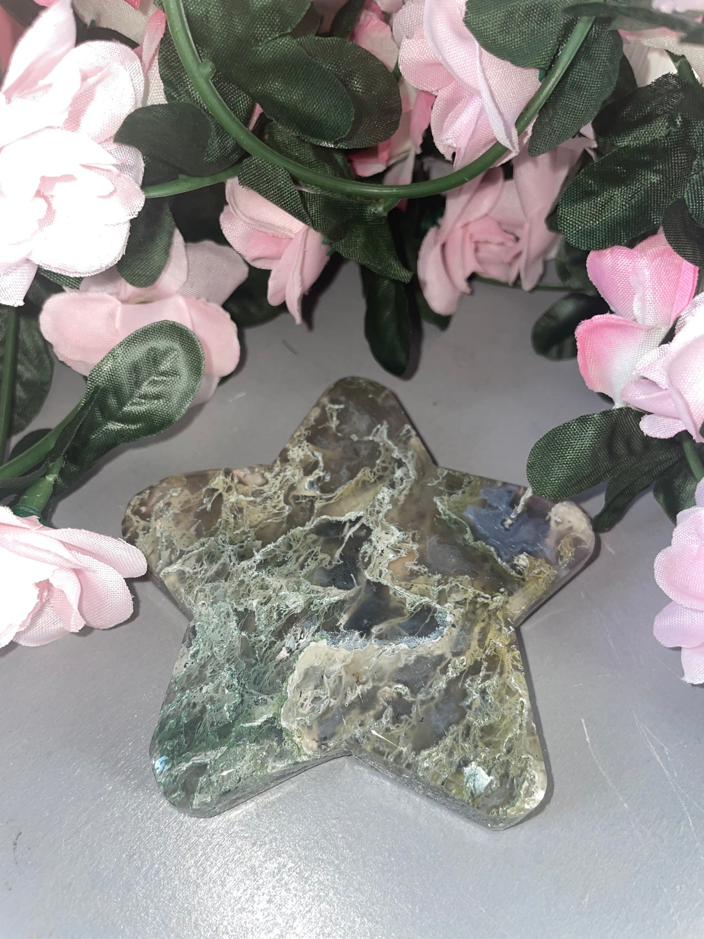Stunning Moss Agate Star Carvings