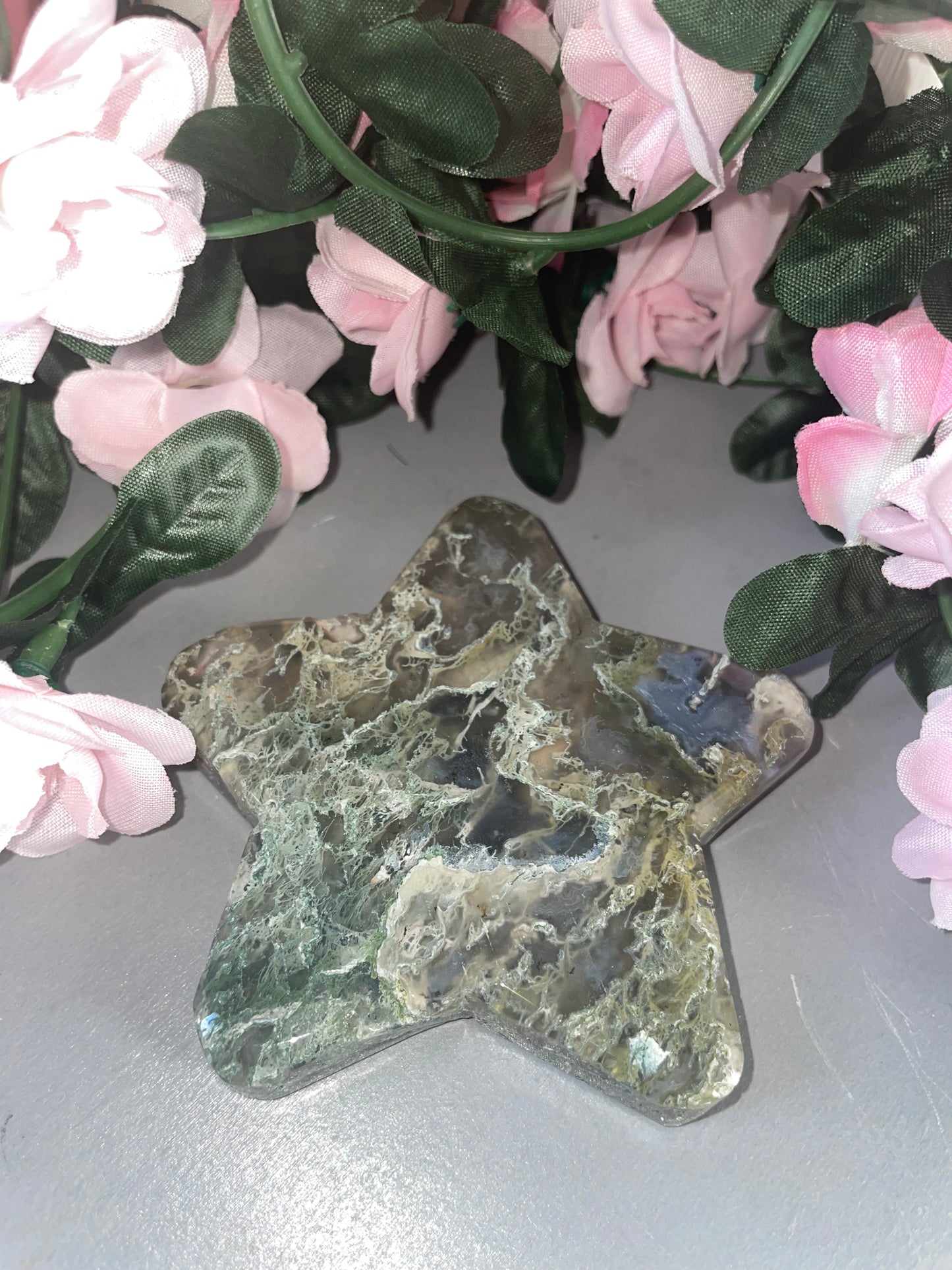 Stunning Moss Agate Star Carvings
