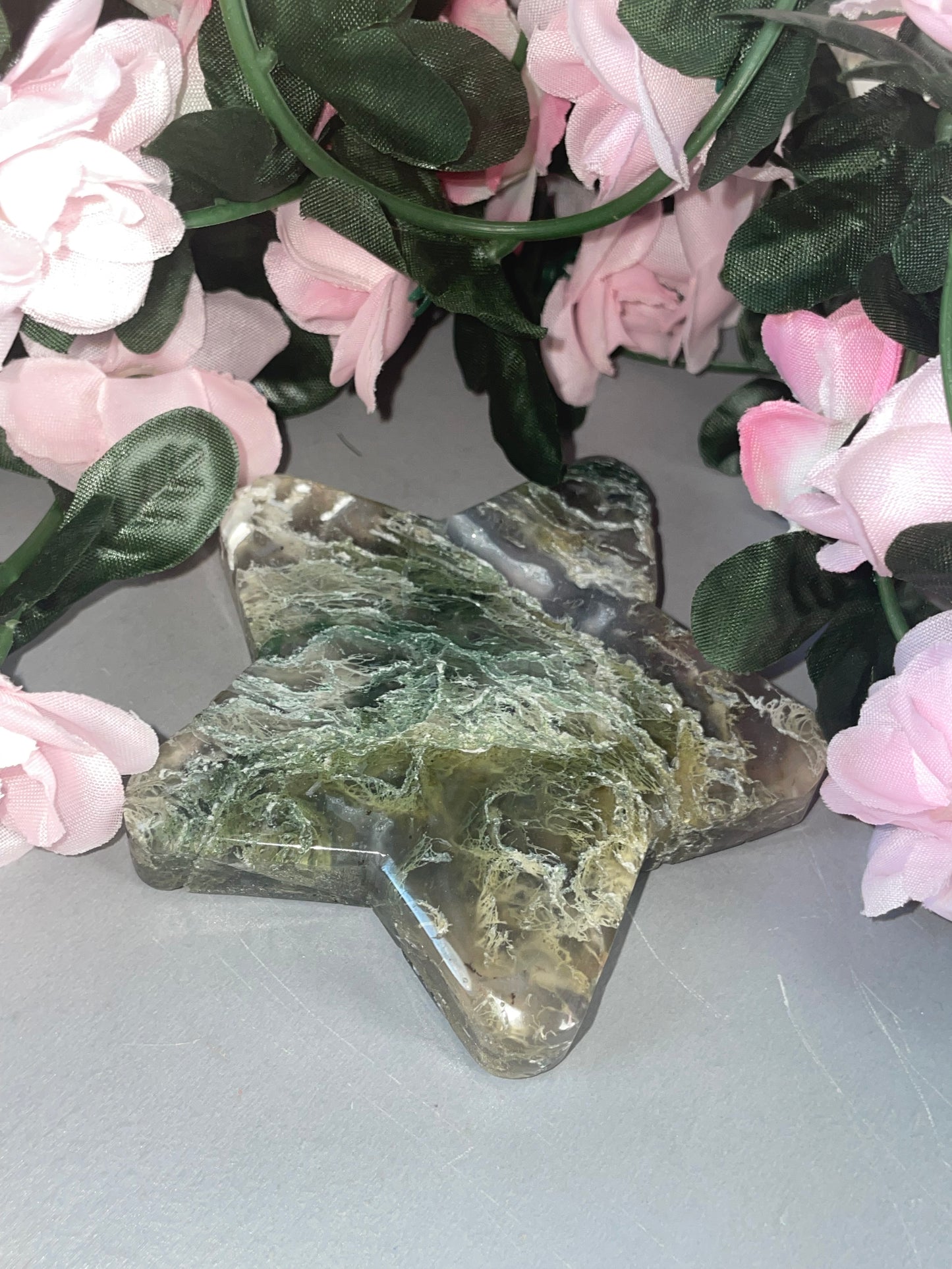 Stunning Moss Agate Star Carvings