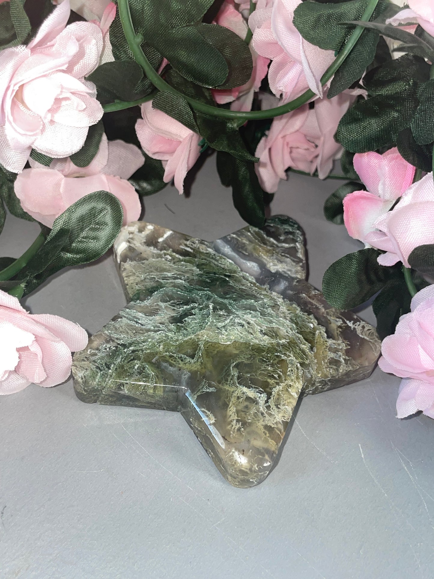 Stunning Moss Agate Star Carvings