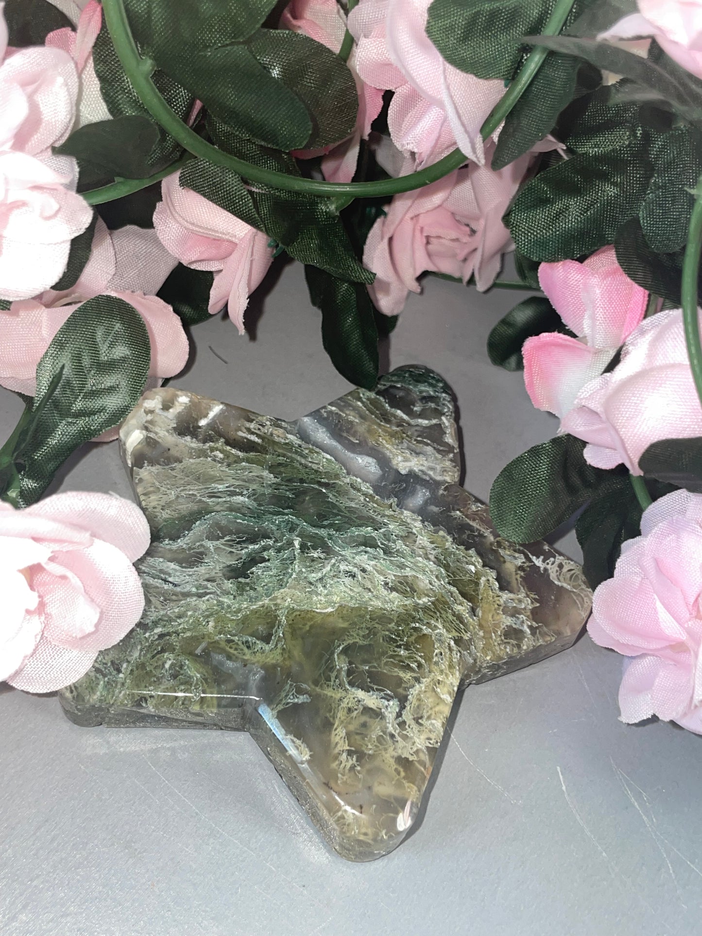 Stunning Moss Agate Star Carvings