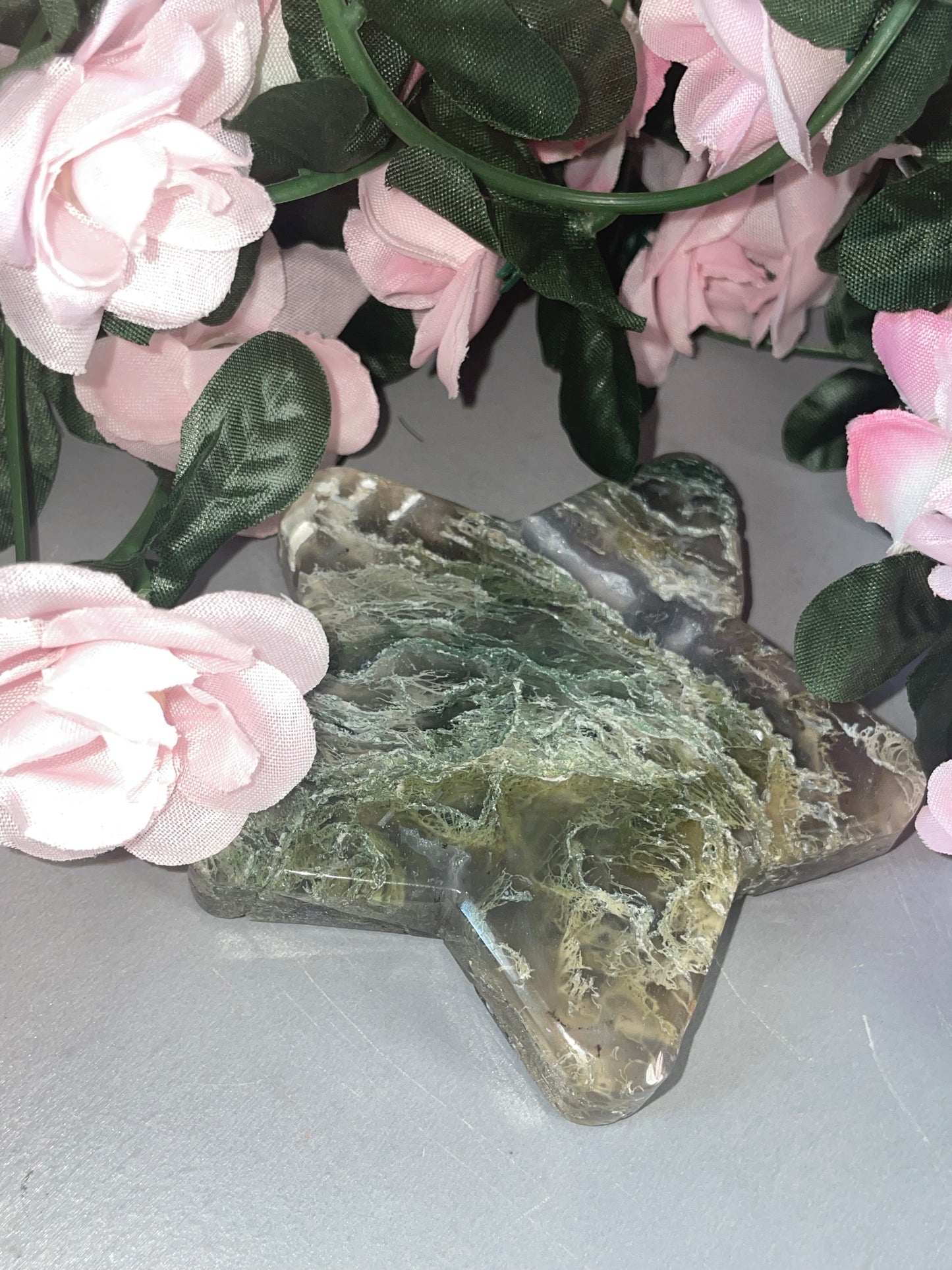 Stunning Moss Agate Star Carvings
