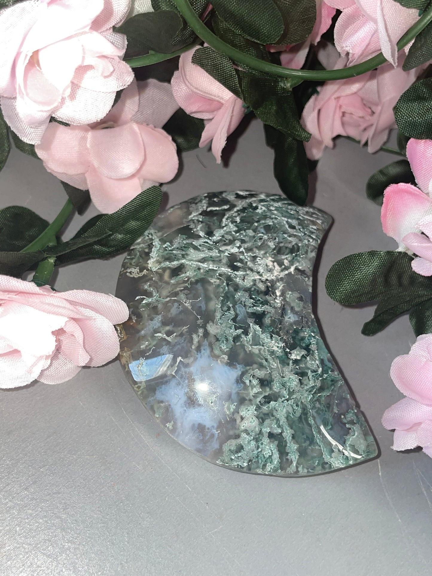Moss Agate Moon Carving