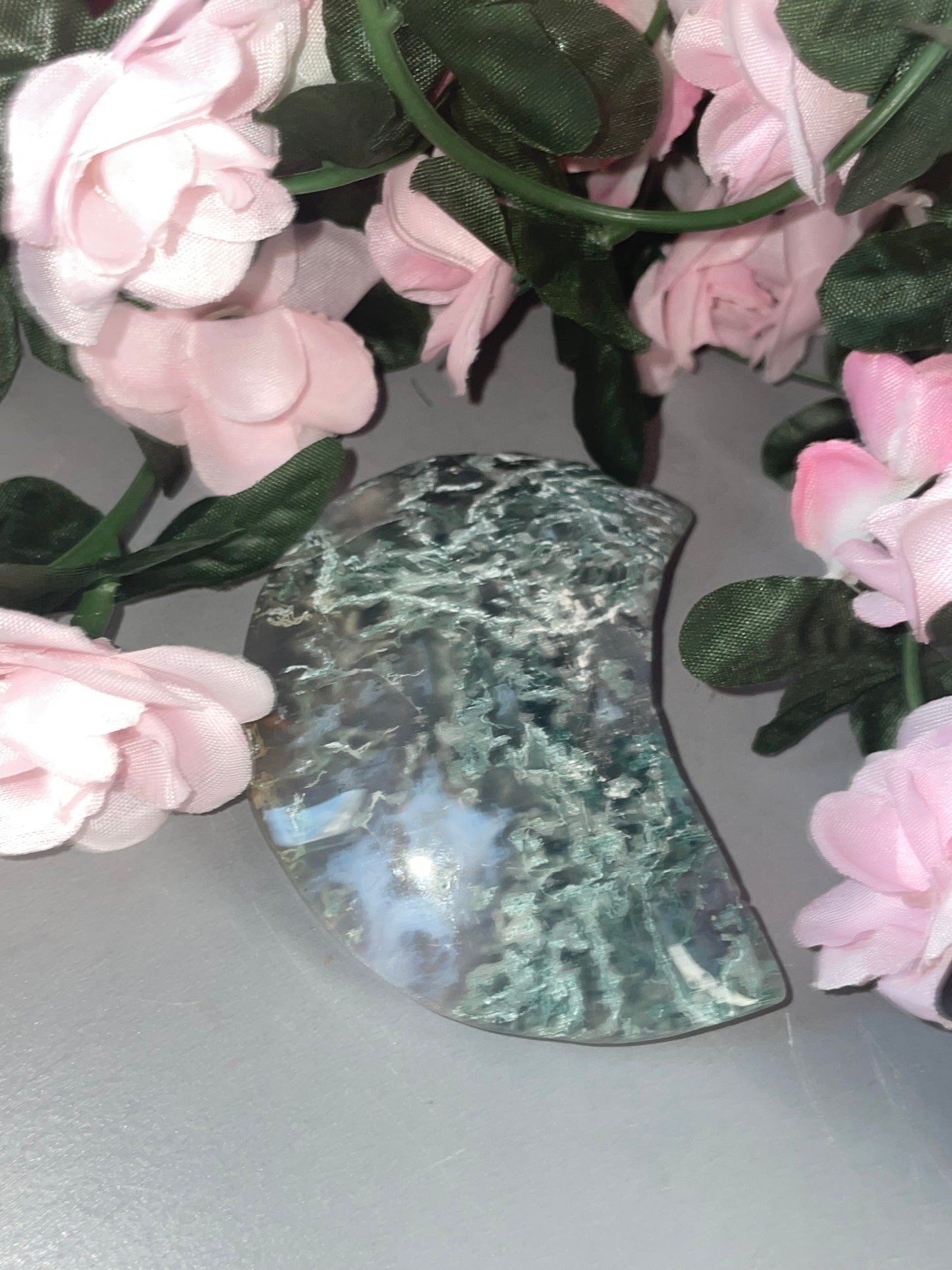 Moss Agate Moon Carving