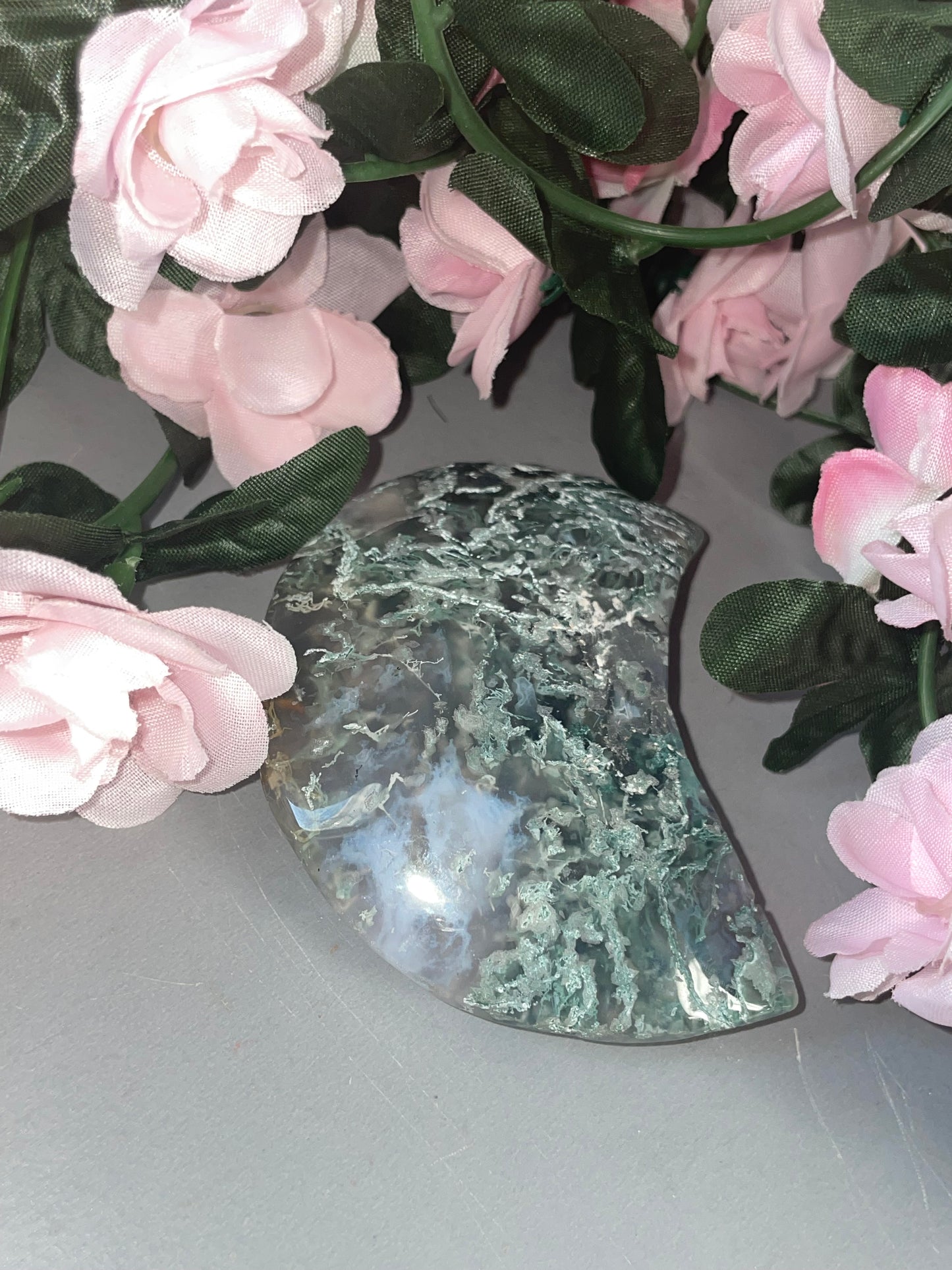 Moss Agate Moon Carving