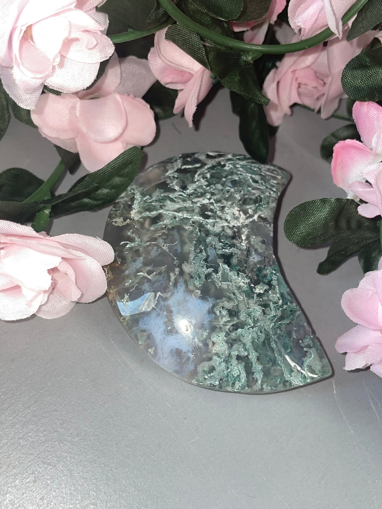 Moss Agate Moon Carving