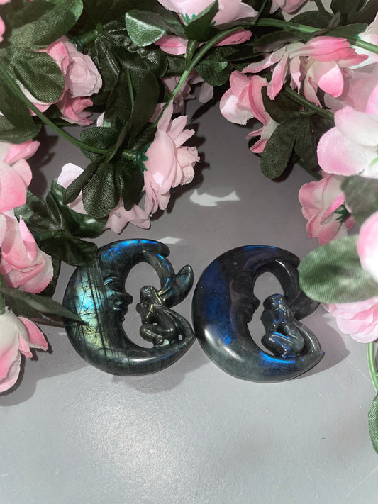 Hand Carved AAA Grade Labradorite Moon Fairy Carvings From Madagascar
