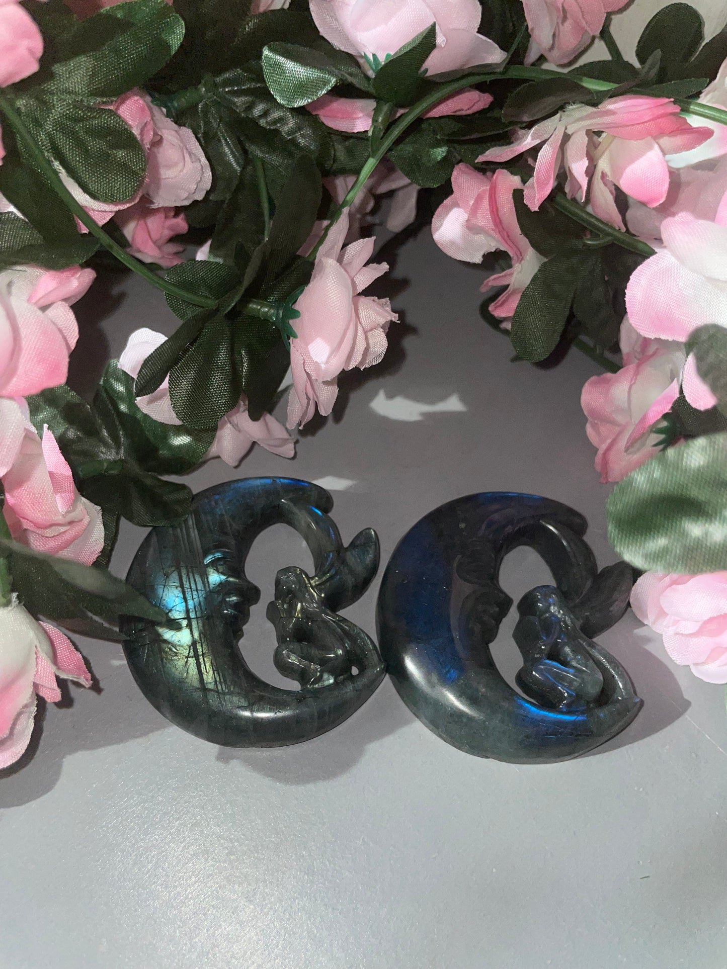 Hand Carved AAA Grade Labradorite Moon Fairy Carvings From Madagascar